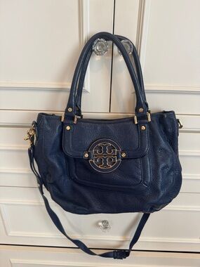 Tory Burch Navy Leather Shoulder Bag with Gold Logo